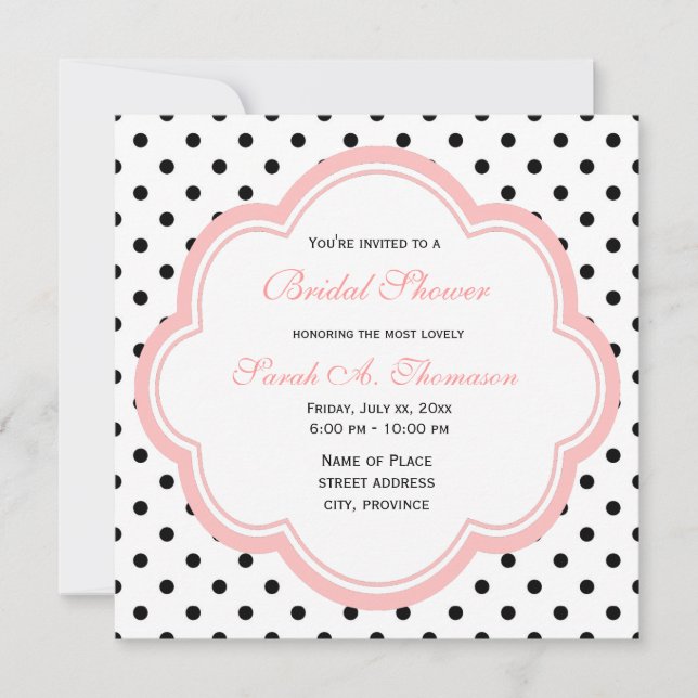 Elegant, modern  B&W polka dots bridal shower Invitation (Front)