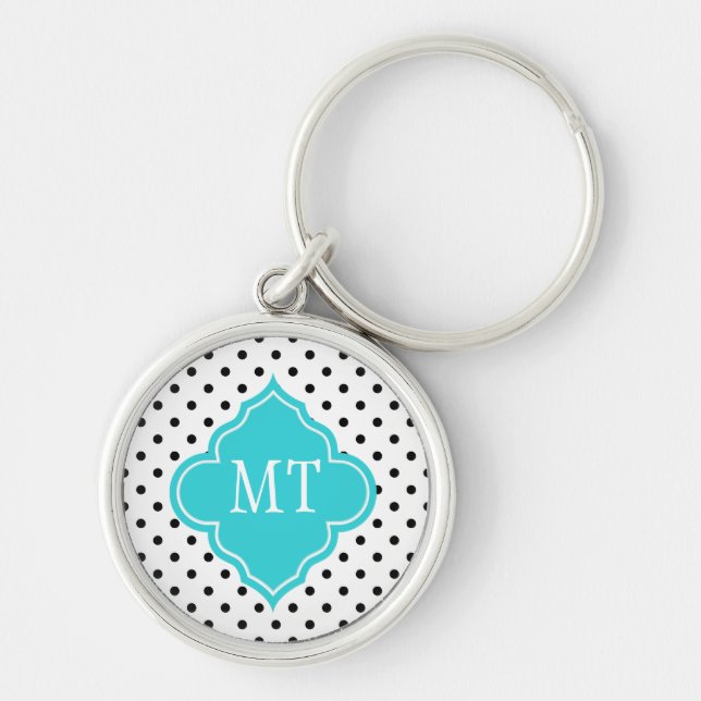 Elegant, modern B&W polka dots monogram Keychain (Front)