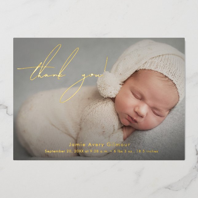Elegant Modern Baby Photo Thank You Script  Foil Invitation (Front)