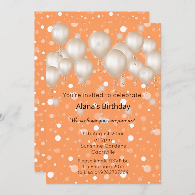 ELEGANT MODERN BALLOON ORANGE BIRTHDAY INVITATION (Front/Back)