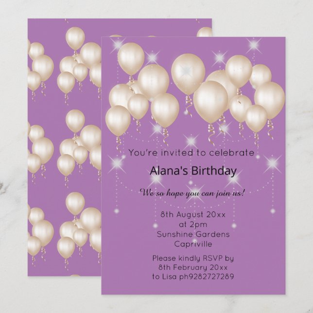 ELEGANT MODERN BALLOON PURPLE  BIRTHDAY INVITATION (Front/Back)