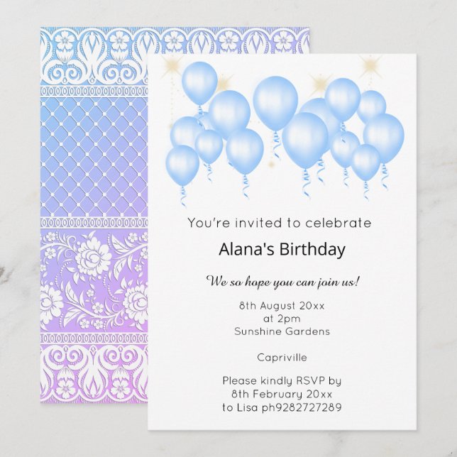 ELEGANT MODERN BALLOON PURPLE BLUE BIRTHDAY INVITATION (Front/Back)
