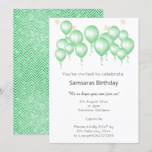 ELEGANT MODERN BALLOON SAGE GREEN CHEVRON BIRTHDAY INVITATION
