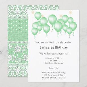 ELEGANT MODERN BALLOON SAGE GREEN LACE BIRTHDAY INVITATION