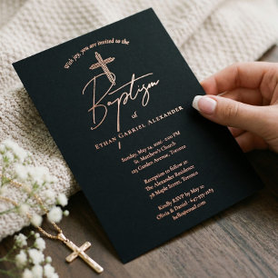 Elegant Modern Baptism Christening Religious Cross Foil Invitation