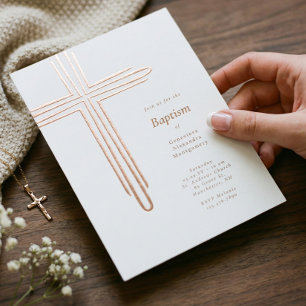 Elegant Modern Baptism Christening Religious Cross Foil Invitation