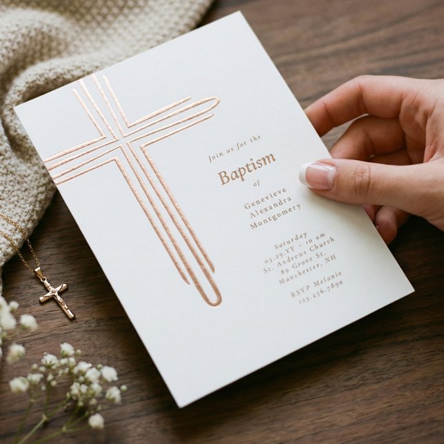 Elegant Modern Baptism Christening Religious Cross Foil Invitation (Elegant Modern Baptism Christening Religious Cross Foil Invitation)