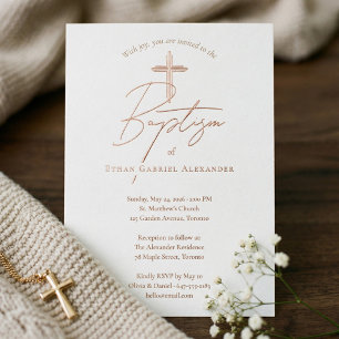 Elegant Modern Baptism Christening Religious Cross Foil Invitation