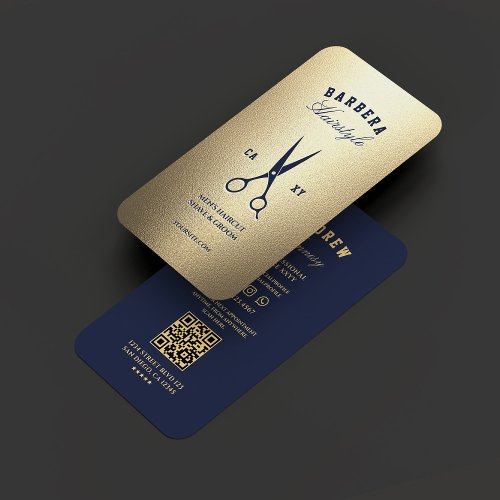 Elegant Modern Barber Blue Gold Scissors  Business Card