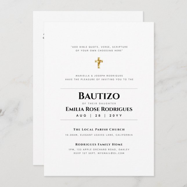Elegant Modern BAUTIZO Bautismo Baptism -ADD VERSE Invitation (Front/Back)