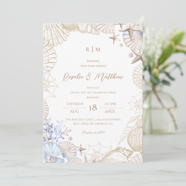 Elegant Modern Beach Shell Wedding Invitation (Standing Front)