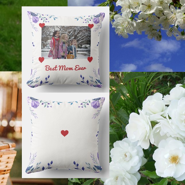 Elegant Modern Best Mom Ever Hearts Photo Floral Throw Pillow (Best Mom Ever. Elegant personalized floral photo pillow for Mother's day. Photo held by red hearts)