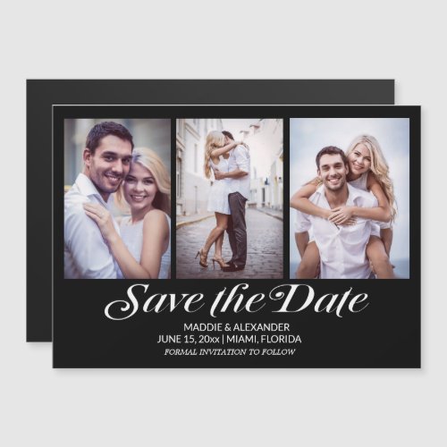 Elegant Modern Black 3 Photo Wedding Save The Date Magnetic Invitation