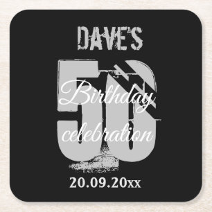 Elegant Modern Black 50th Birthday Party Square Paper Coaster
