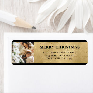 Elegant Modern Black and Faux Gold Christmas Photo Label