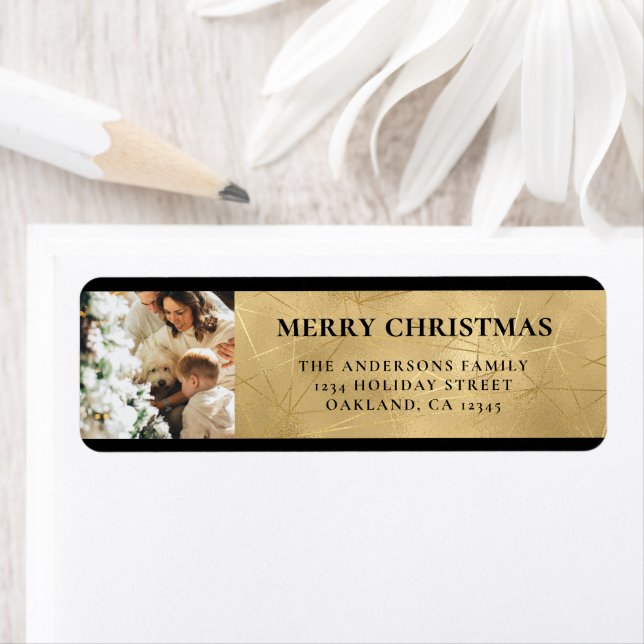 Elegant Modern Black and Faux Gold Christmas Photo Label (Insitu)