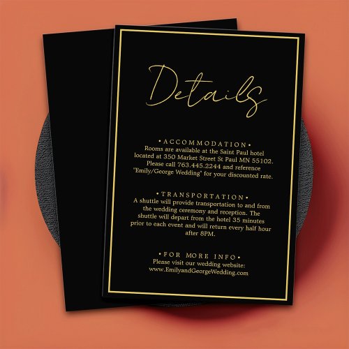 Elegant Modern Black And Gold Chic Wedding Details Enclosure Card