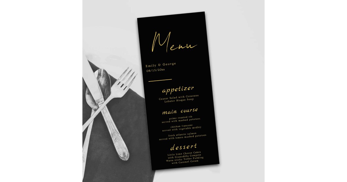 Elegant Modern Black And Gold Classy Chic Wedding Menu | Zazzle