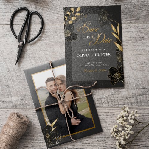 Elegant Modern Black and Gold Floral Photo Save The Date