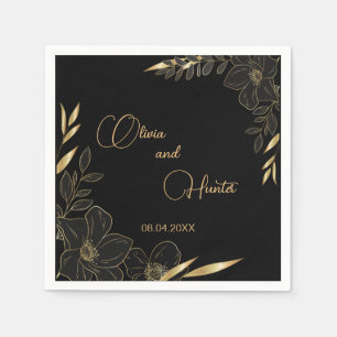 Elegant Modern Black and Gold Floral wedding Napkins