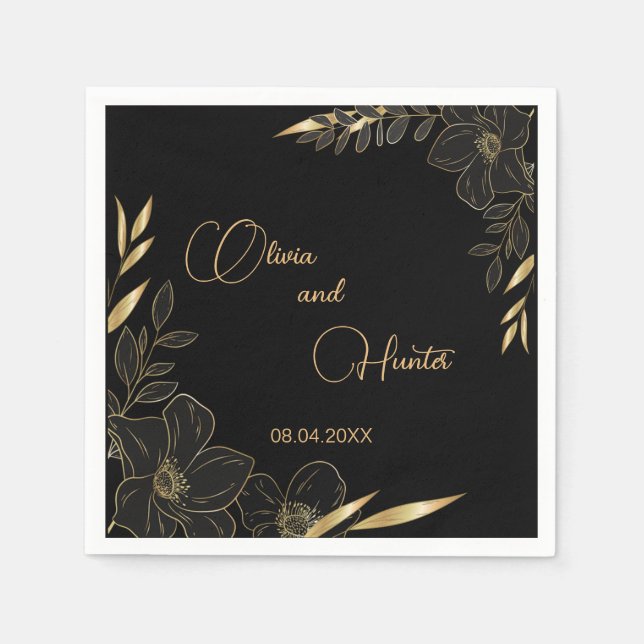 Elegant Modern Black and Gold Floral wedding  Napkins (Front)