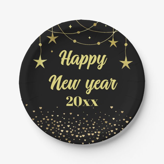 Elegant Modern Black and gold Happy New year  Paper Plates (Front)