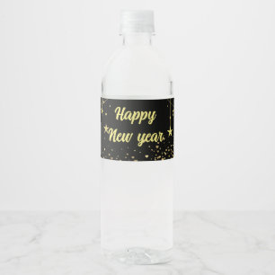 Elegant Modern Black and gold Happy New year Water Bottle Label