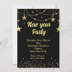 Elegant Modern Black and Gold New year Eve Invitation