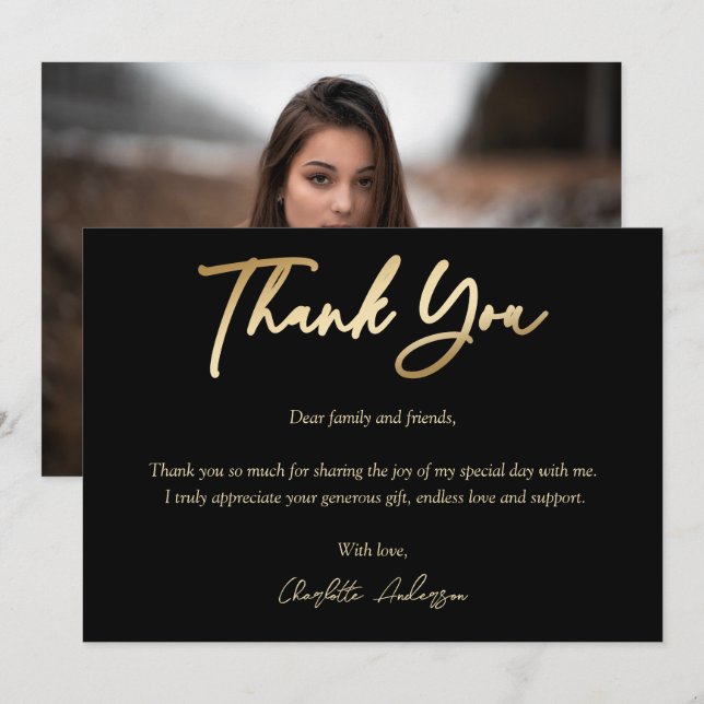 Elegant Modern Black and Gold Photo Graduation Thank You Card (Front/Back)