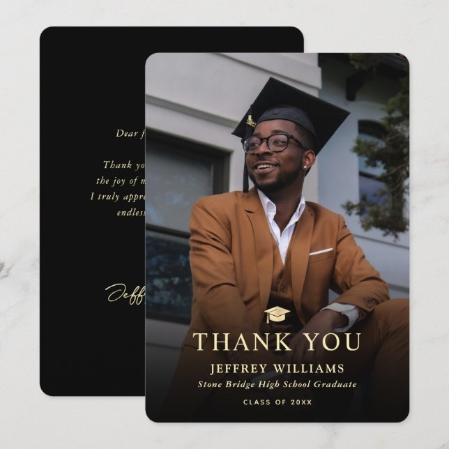 Elegant Modern Black and Gold Photo Graduation Thank You Card (Front/Back)
