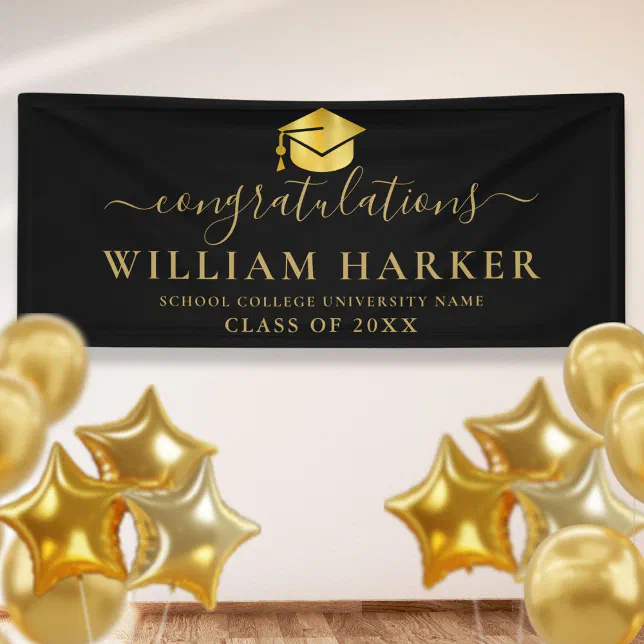 Elegant Modern Black And Gold Script Graduation Banner | Zazzle