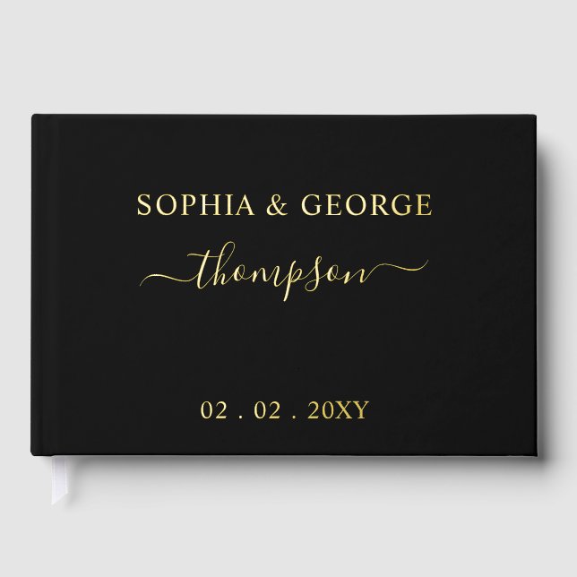 Elegant Modern Black and Gold Wedding Foil Guest Book (Front)