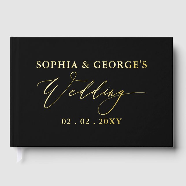 Elegant Modern Black and Gold Wedding Foil Guest Book (Front)