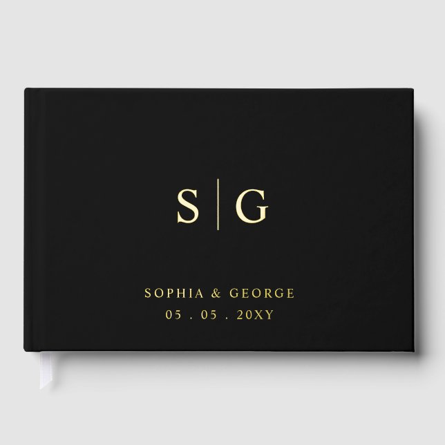Elegant Modern Black and Gold Wedding Foil Guest Book (Front)