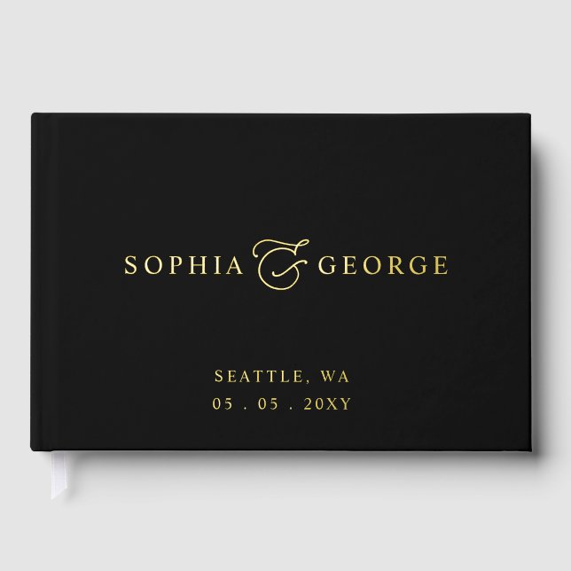 Elegant Modern Black and Gold Wedding Foil Guest Book (Front)