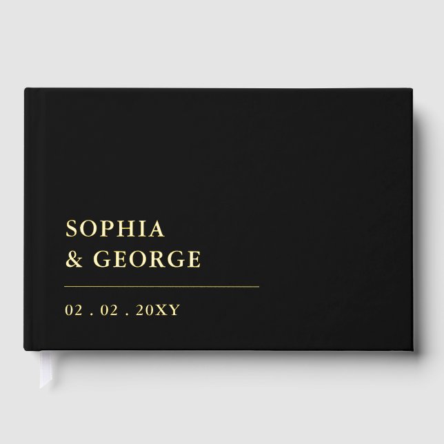 Elegant Modern Black and Gold Wedding Foil Guest Book (Front)
