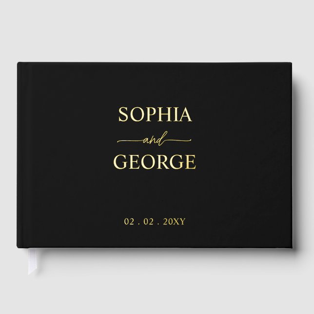 Elegant Modern Black and Gold Wedding Foil Guest Book (Front)