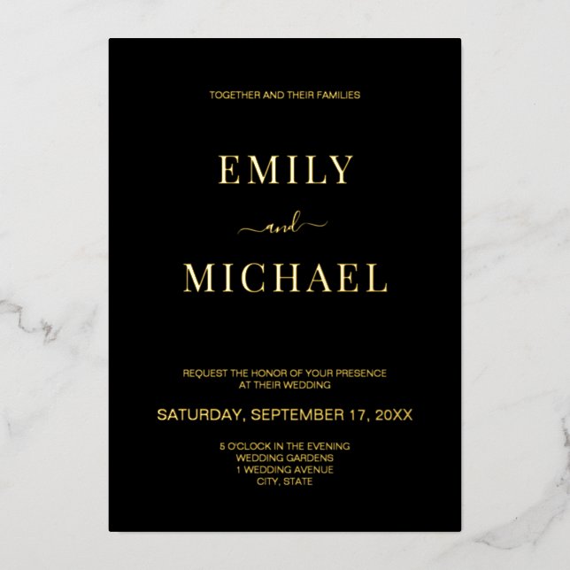 Elegant Modern Black and Gold Wedding Foil Invitation (Front)