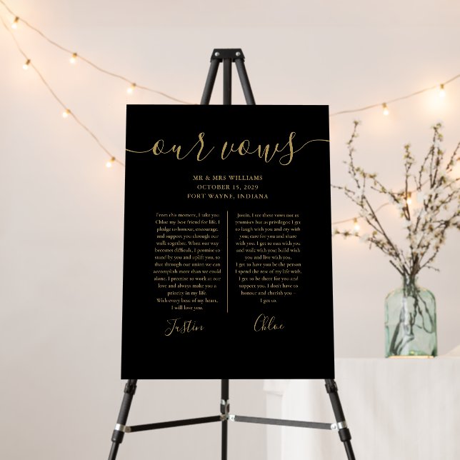 Elegant Modern Black And Gold Wedding Vows Sign (In Situ (Stand))