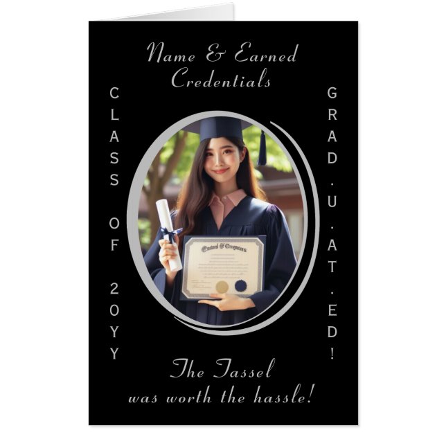 Elegant & Modern Black and Silver Photo Graduation Card (Front)