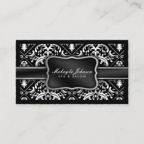 Elegant Modern Black and White Damask Spa  Salon Business Card