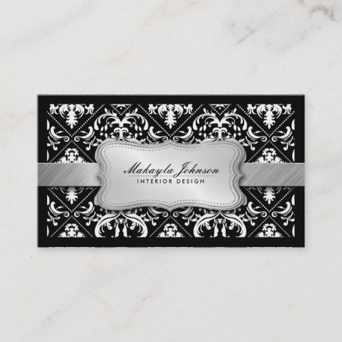 Elegant Modern Black and White Damask With Silver Business Card Template
