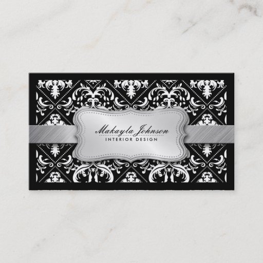 Customizable Elegant Modern Black and White Damask With Silver Business Card Template