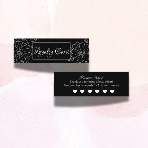 Elegant Modern Black and White Floral Beauty Salon Loyalty Card