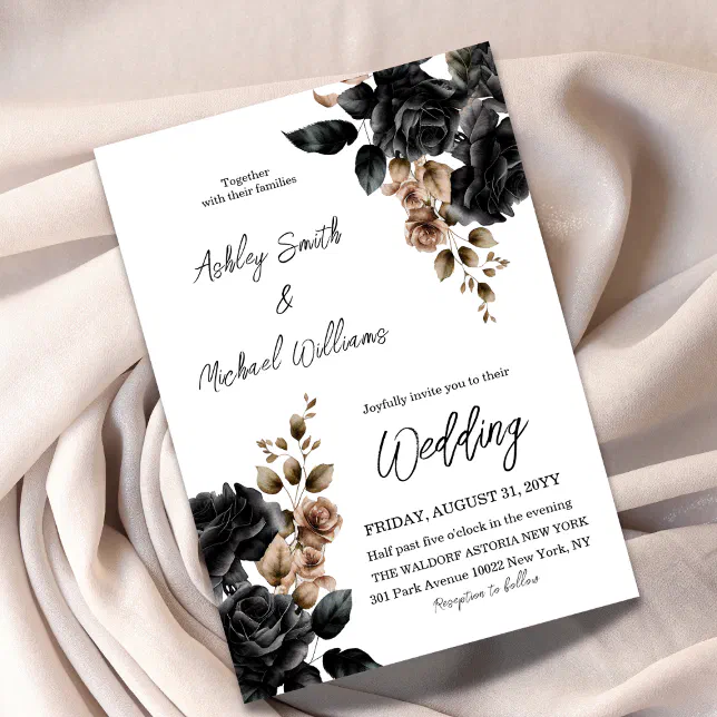 Elegant Modern Black and White Floral Wedding Invitation | Zazzle