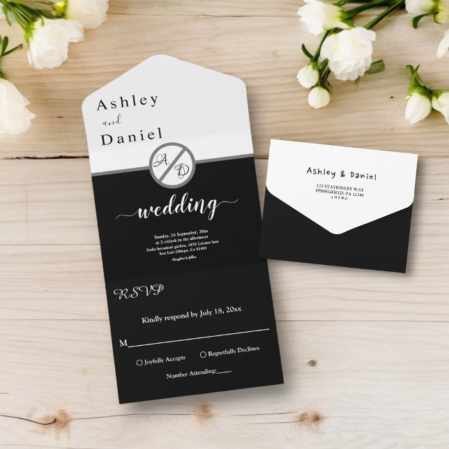 Elegant Modern Black And White Monogram Wedding All In One Invitation (Creator Uploaded)