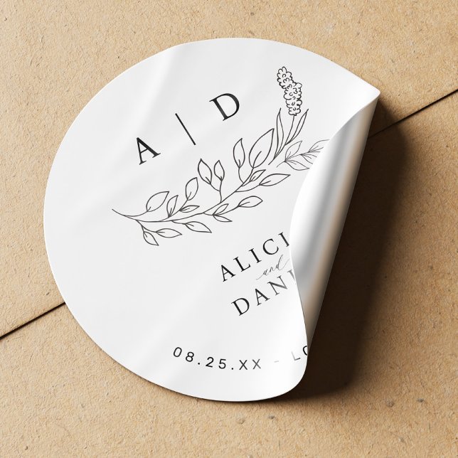 Elegant modern black and white monogram wedding  classic round sticker (Creator Uploaded)