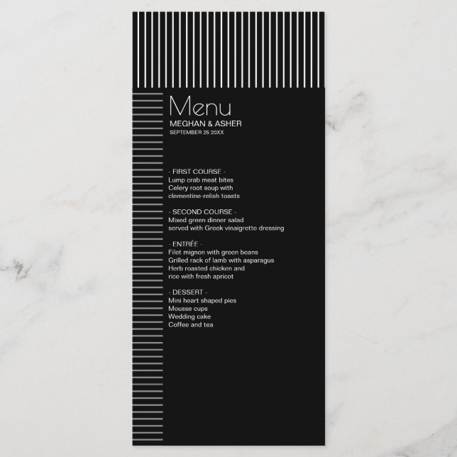 Elegant Modern Black and White Pinstripes Menu (Front)