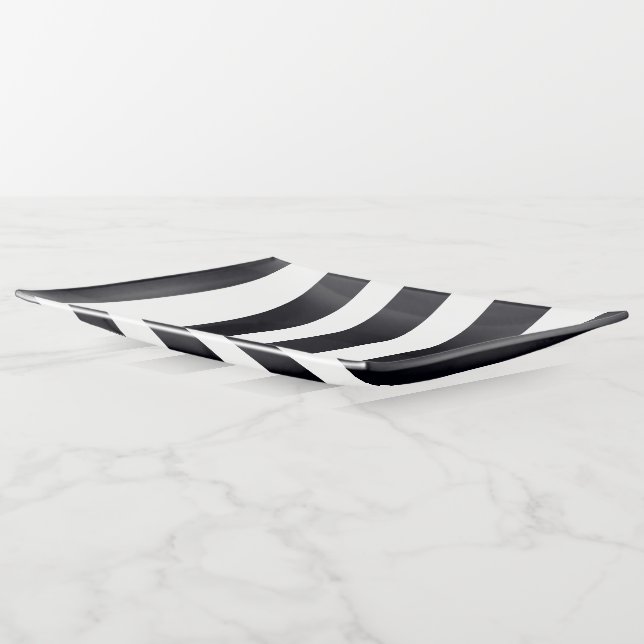 Elegant Modern Black And White Striped Food-Safe Trinket Tray (Angled)