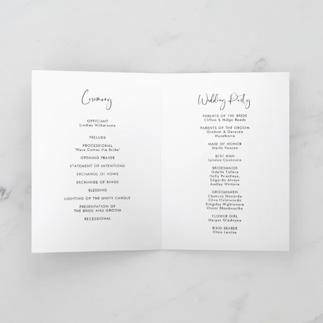 Elegant & modern black and white wedding folded program | Zazzle
